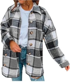 Women's Plus Size Flannel Plaid Shacket Jacket Button Down Long Sleeve Casual Coat Wool Blend Corduroy Coat