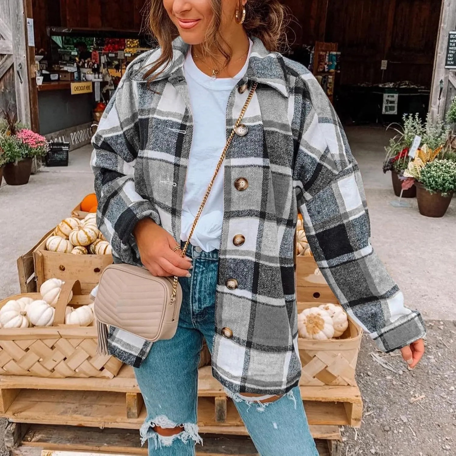 Women's Plus Size Flannel Plaid Shacket Jacket Button Down Long Sleeve Casual Coat Wool Blend Corduroy Coat