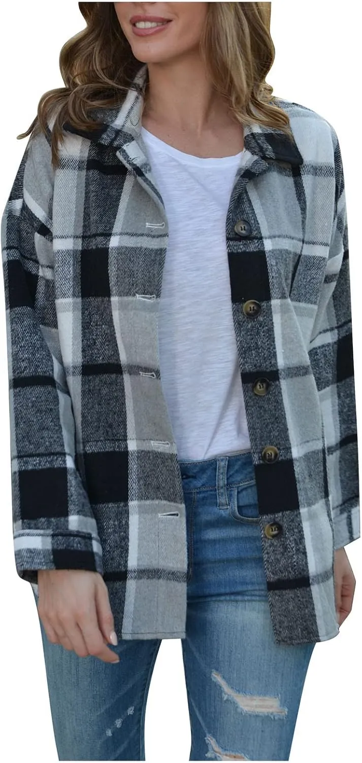 Women's Plus Size Flannel Plaid Shacket Jacket Button Down Long Sleeve Casual Coat Wool Blend Corduroy Coat