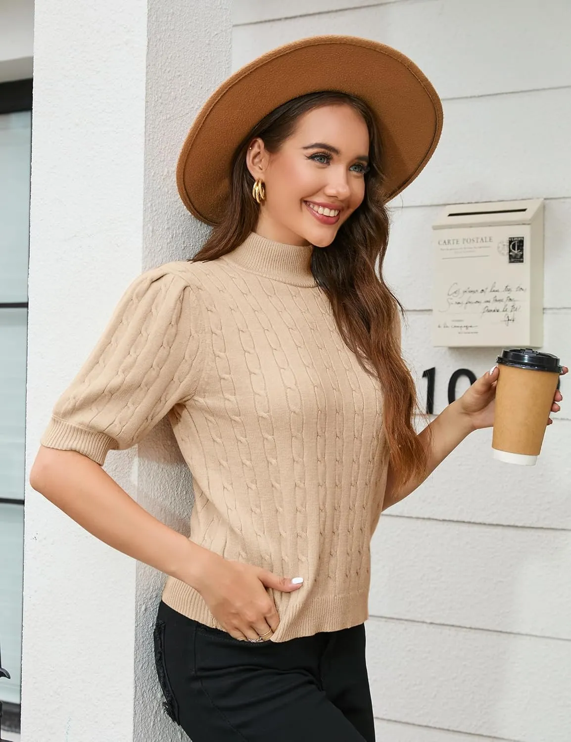 Women's Puff Short Sleeve Sweater Tops Turtleneck Cable Knit Pullover Sweaters