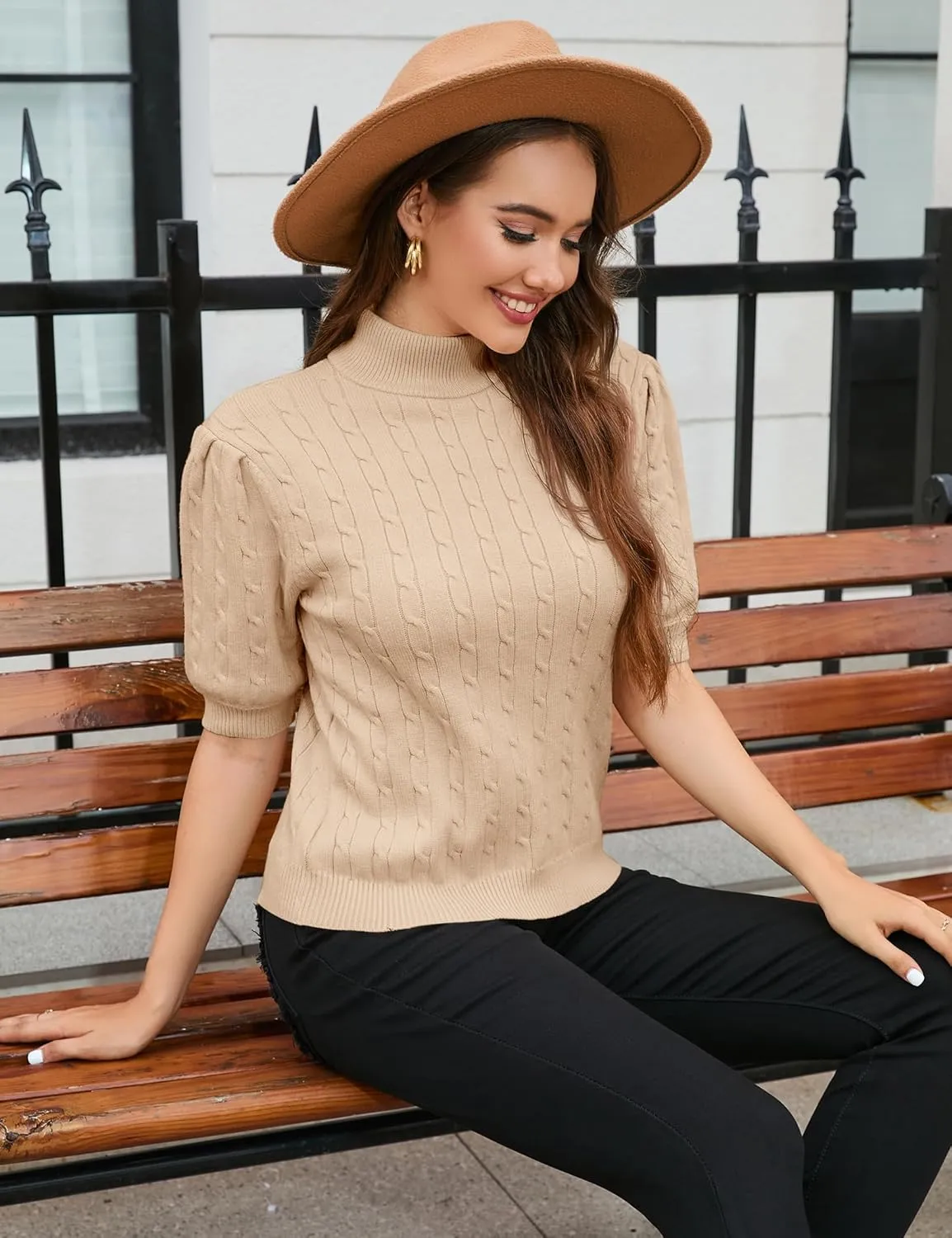 Women's Puff Short Sleeve Sweater Tops Turtleneck Cable Knit Pullover Sweaters