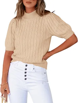 Women's Puff Short Sleeve Sweater Tops Turtleneck Cable Knit Pullover Sweaters