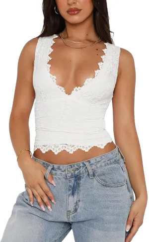 Womens Sexy V-Neck Sleeveless Lace Cropped Tank Tops Going Out Y2K Top Streetwear