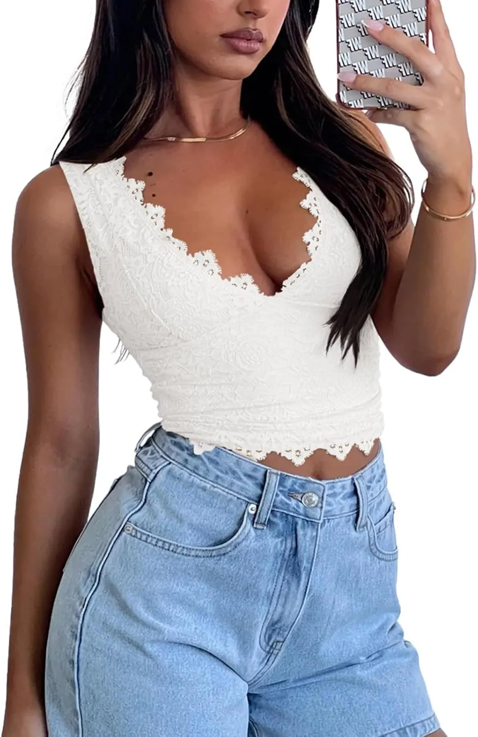 Womens Sexy V-Neck Sleeveless Lace Cropped Tank Tops Going Out Y2K Top Streetwear