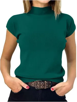 Womens Short Sleeve Sweater Mock Neck Summer Fashion Casual Basic Knit Slim Fitted Pullover Dressy Ribbed Tops Shirts