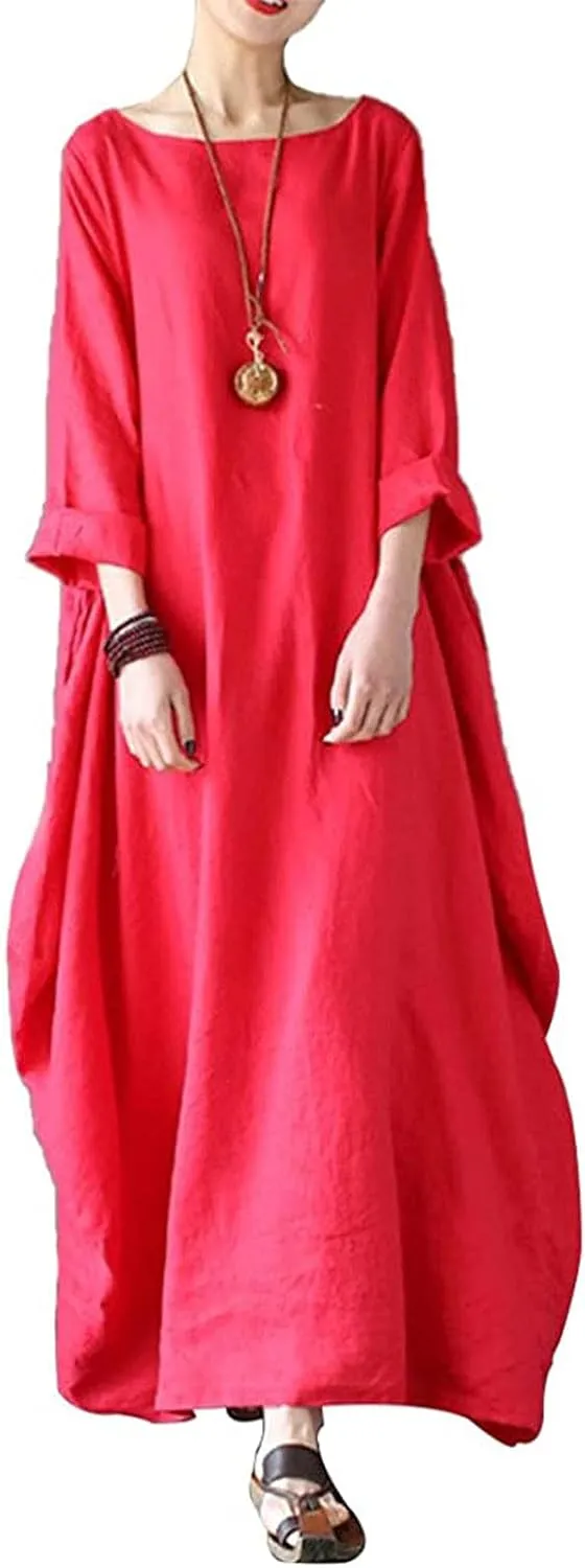Womens Summer Loose Long Sleeve Midi Dress Cotton Linen Caftan Casual Crewneck Flowy Baggy Kaftan Dresses Pockets