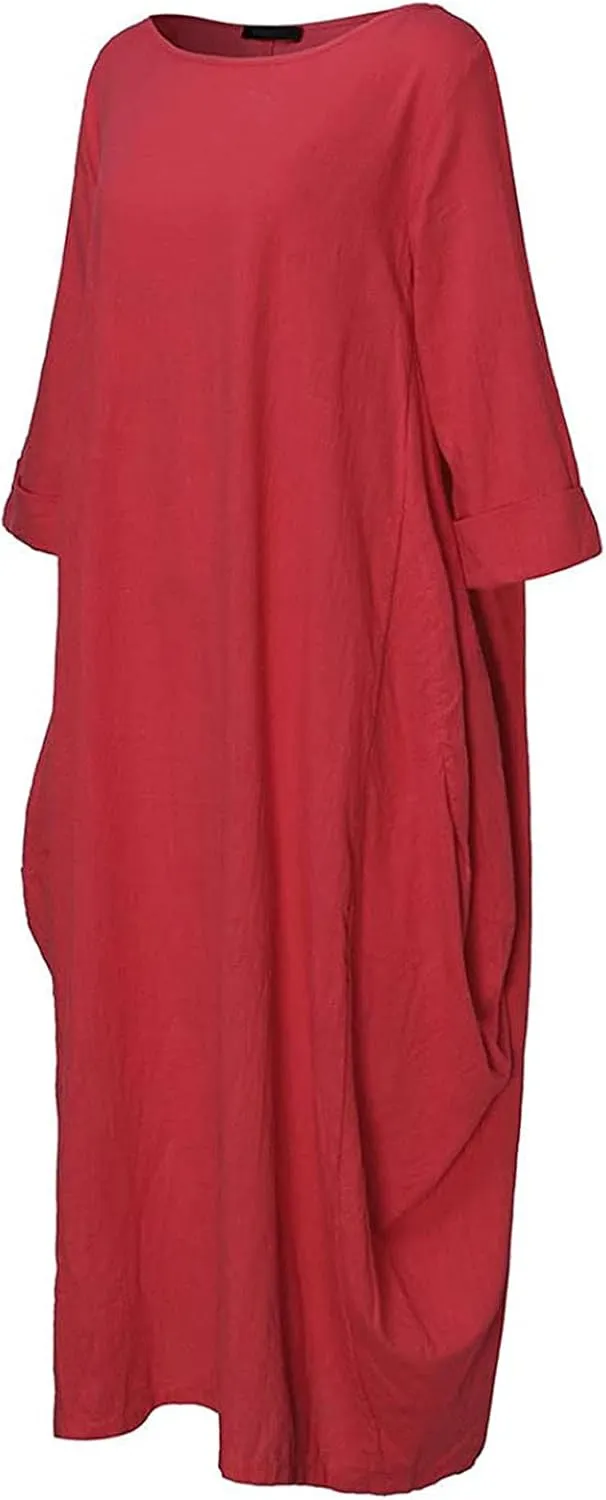 Womens Summer Loose Long Sleeve Midi Dress Cotton Linen Caftan Casual Crewneck Flowy Baggy Kaftan Dresses Pockets
