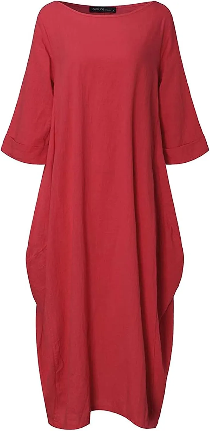 Womens Summer Loose Long Sleeve Midi Dress Cotton Linen Caftan Casual Crewneck Flowy Baggy Kaftan Dresses Pockets