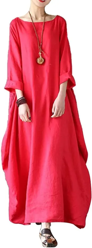 Womens Summer Loose Long Sleeve Midi Dress Cotton Linen Caftan Casual Crewneck Flowy Baggy Kaftan Dresses Pockets