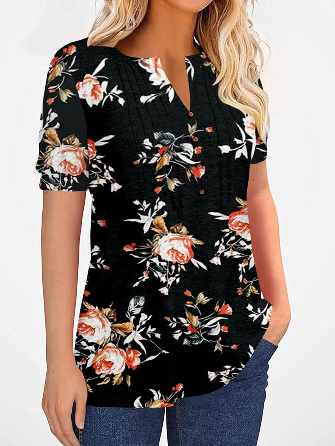 Women's Zipper Summer Pleated Button Short Sleeve T-Shirt Summer V-Neck Solid Color Casual top