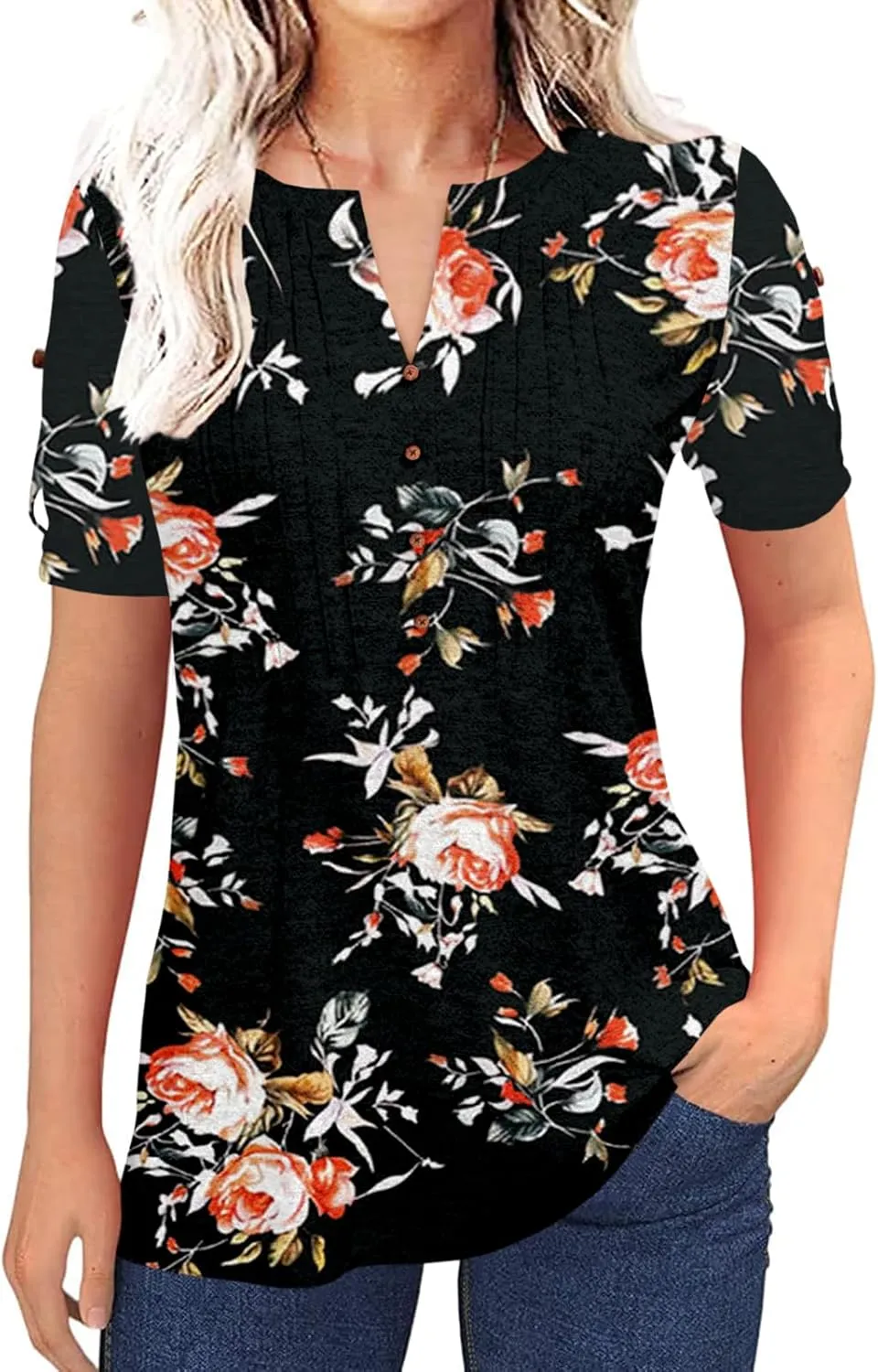 Women's Zipper Summer Pleated Button Short Sleeve T-Shirt Summer V-Neck Solid Color Casual top