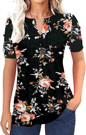 Women's Zipper Summer Pleated Button Short Sleeve T-Shirt Summer V-Neck Solid Color Casual top